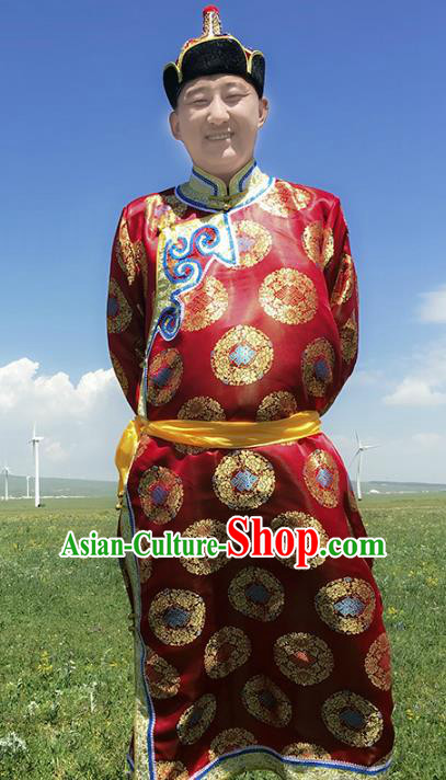 Traditional Chinese Mongol Nationality Costume Red Mongolian Robe, Mongolian Folk Dance Clothing for Men