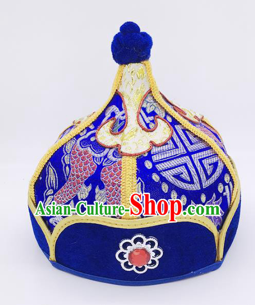 Traditional Chinese Mongol Nationality Handmade Hat, Handmade Mongolian Minority Royalblue Hats Headwear for Kids