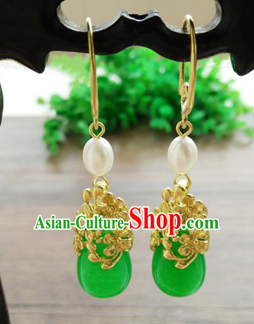Top Grade Chinese Handmade Wedding Accessories Jade Eardrop Hanfu Pearl Brass Earrings for Women