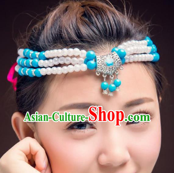 Traditional Chinese Mongol Nationality Handmade Hair Accessories, Mongolian Minority Blue Beads Headwear for Women