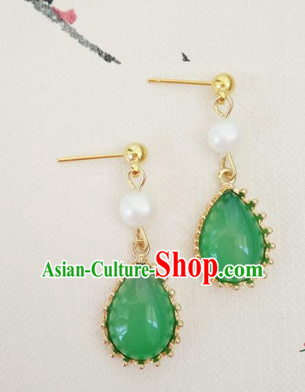 Top Grade Chinese Handmade Accessories Hanfu Eardrop Green Jade Earrings for Women