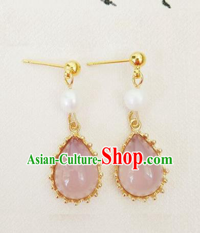 Top Grade Chinese Handmade Accessories Hanfu Eardrop Pink Jade Earrings for Women
