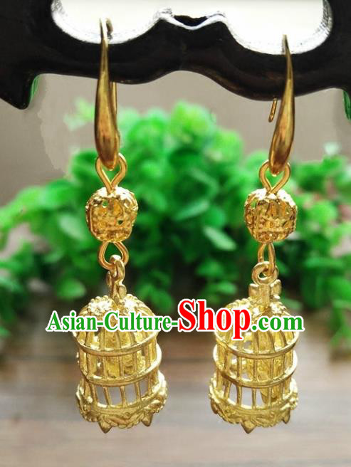 Top Grade Chinese Handmade Accessories Brass Birdcage Eardrop Hanfu Earrings for Women