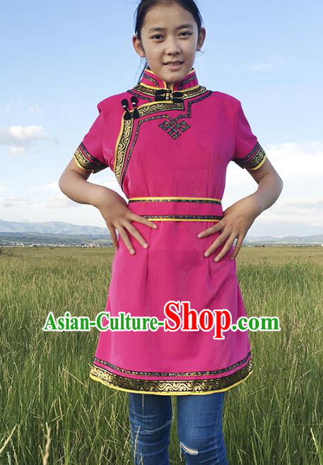 Traditional Chinese Mongol Nationality Costume Rosy Dress, Mongolian Folk Dance Clothing for Women