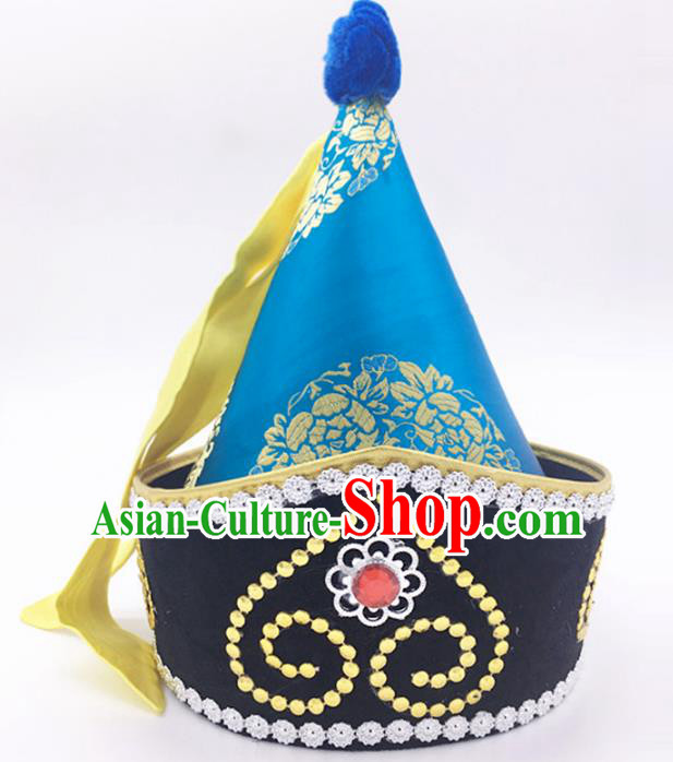 Traditional Chinese Mongol Nationality Prince Blue Hat, Mongolian Minority Dance Hats for Men