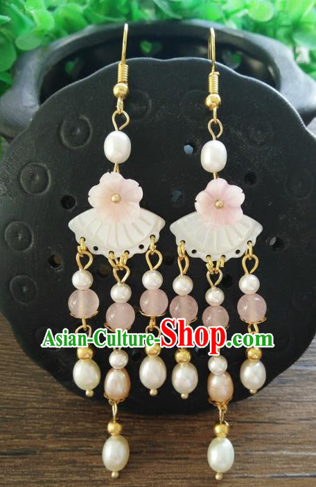 Chinese Handmade Accessories Hanfu Shell Pearls Eardrop Ancient Earrings for Women