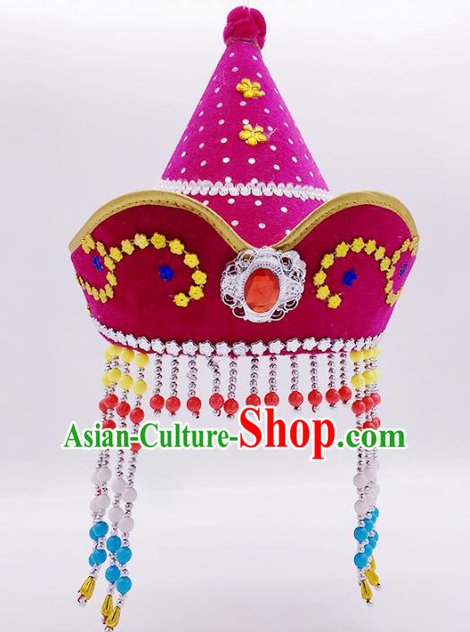 Traditional Chinese Mongol Nationality Rosy Hats, Mongolian Minority Hair Accessories Dance Headwear for Kids