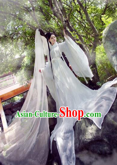 Chinese Ancient Cosplay Little Dragon Maiden Costume Song Dynasty Swordswoman White Hanfu Dress for Women
