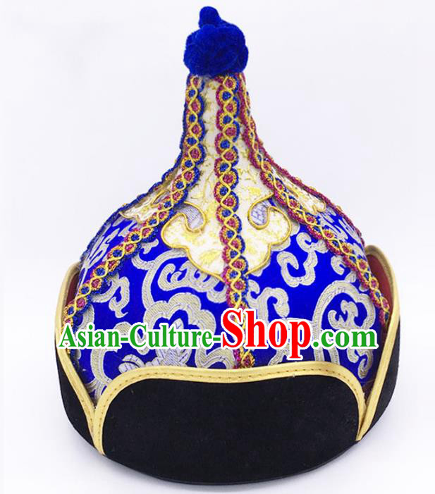 Traditional Chinese Mongol Nationality Blue Hat Hair Accessories, Handmade Mongolian Minority Prince Hats Headwear for Men