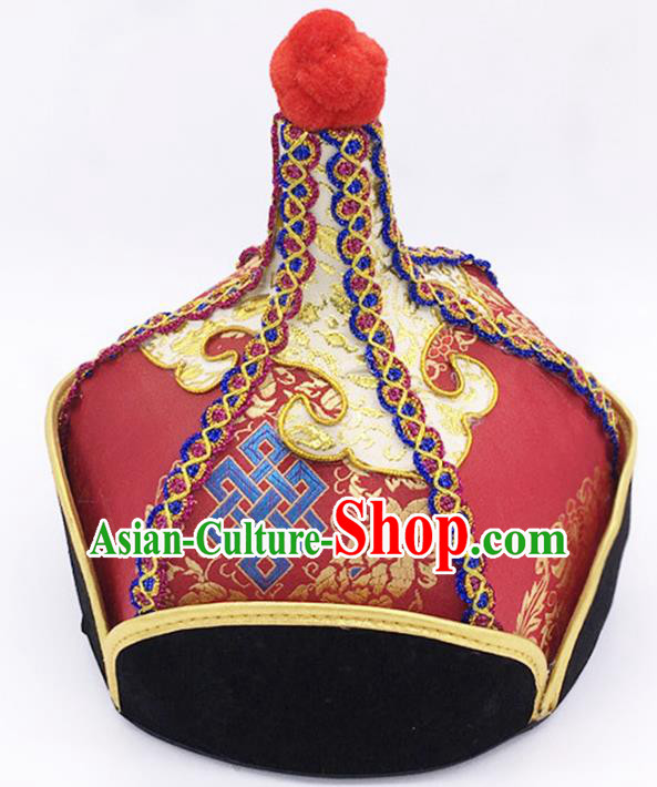 Traditional Chinese Mongol Nationality Red Hat Hair Accessories, Handmade Mongolian Minority Prince Hats Headwear for Men
