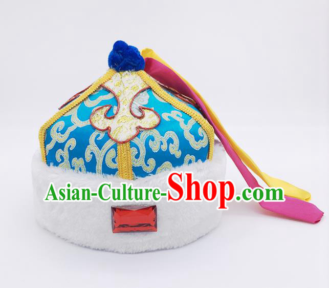 Traditional Chinese Mongol Nationality Children Blue Hats, Mongolian Minority Hair Accessories Dance Headwear for Kids