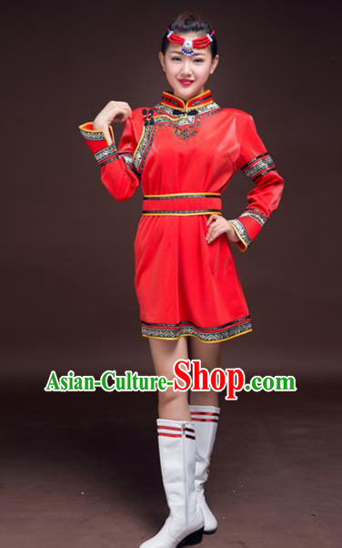 Chinese Mongol Nationality Red Costume, Traditional Mongolian Folk Dance Clothing Mongolian Robe for Women