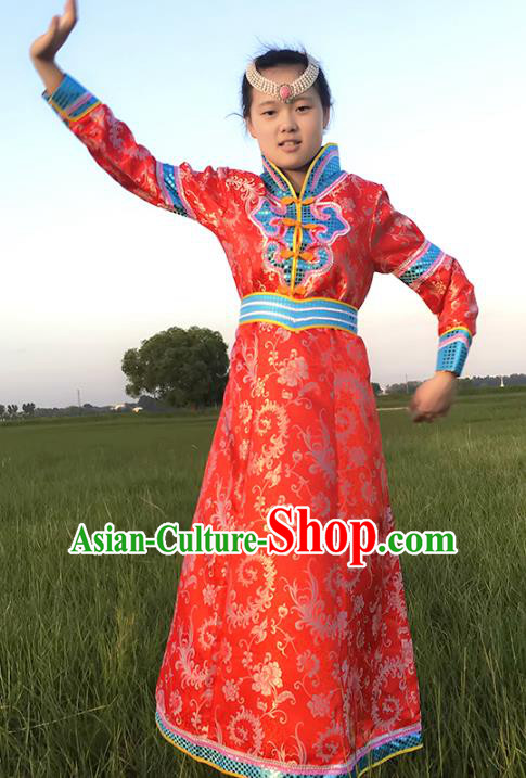 Chinese Mongol Nationality Ethnic Costume, Traditional Mongolian Folk Dance Clothing Red Mongolian Robe for Women