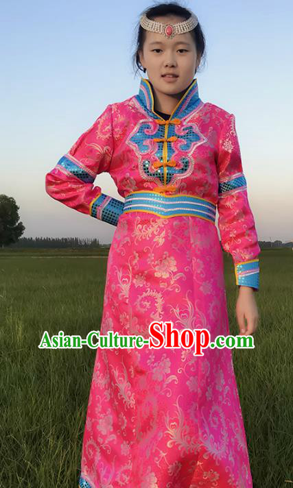 Chinese Mongol Nationality Ethnic Costume, Traditional Mongolian Folk Dance Clothing Pink Mongolian Robe for Women