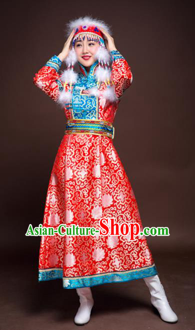 Chinese Mongol Nationality Ethnic Dance Costume, Traditional Mongolian Folk Dance Clothing Red Mongolian Robe for Women