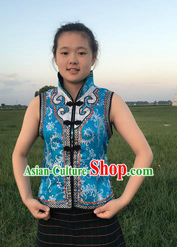 Chinese Mongol Nationality Ethnic Costume Blue Vests, Traditional Mongolian Folk Dance Waistcoat for Women