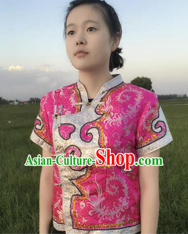 Chinese Mongol Nationality Ethnic Pink Blouse Costume, Traditional Mongolian Folk Dance Waistcoat for Women