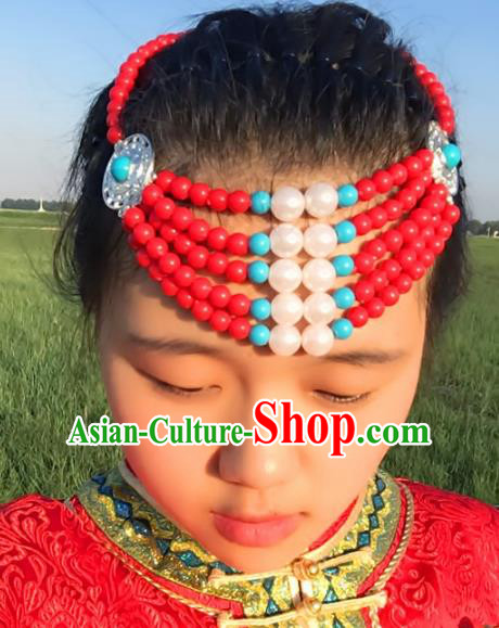 Traditional Chinese Mongol Nationality Princess Hair Accessories, Mongolian Minority Red Beads Hair Jewelry Dance Headwear for Women