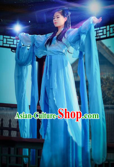 Chinese Ancient Cosplay Fairy Costume Tang Dynasty Palace Princess Swordswoman Blue Hanfu Dress for Women