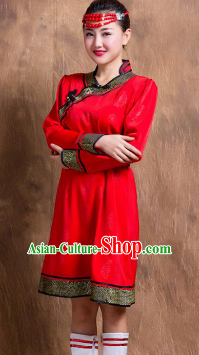 Chinese Traditional Female Ethnic Costume, China Mongolian Minority Folk Dance Red Dress for Women