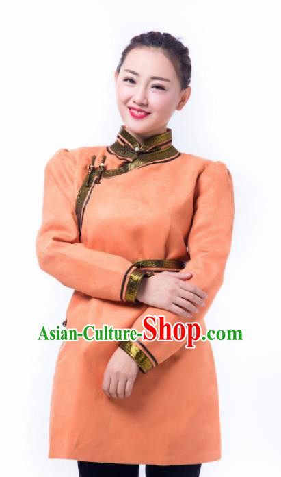 Chinese Traditional Female Orange Suede Fabric Ethnic Costume, China Mongolian Minority Folk Dance Clothing for Women