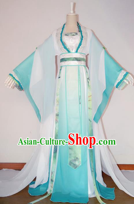 Chinese Ancient Cosplay Imperial Princess Costume Tang Dynasty Nobility Lady Blue Hanfu Dress for Women