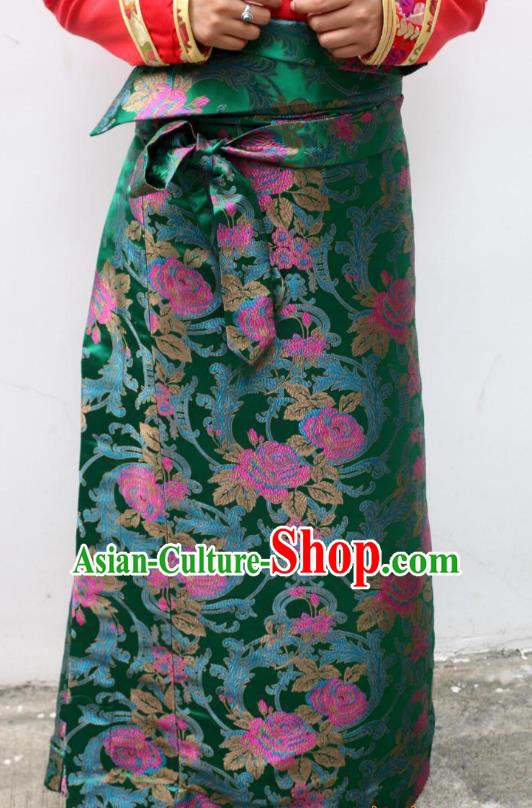 Chinese Traditional Minority Costume Zang Nationality Green Brocade Bust Skirt for Women
