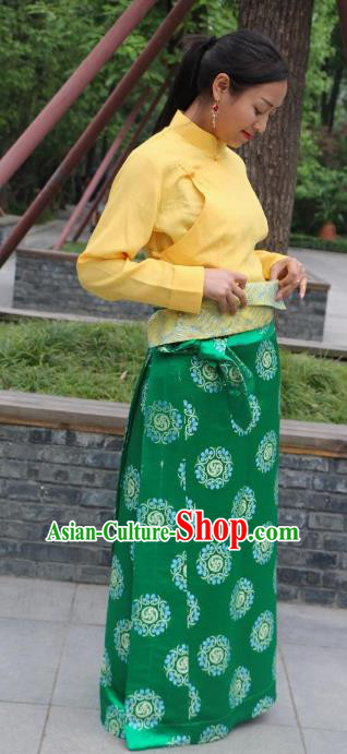 Chinese Traditional Minority Dance Costume Zang Nationality Green Brocade Skirt for Women