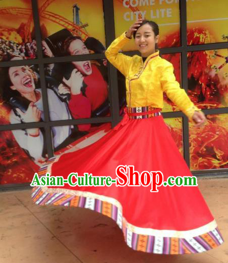 Chinese Traditional Minority Dance Costume Zang Nationality Red Big Swing Skirt for Women