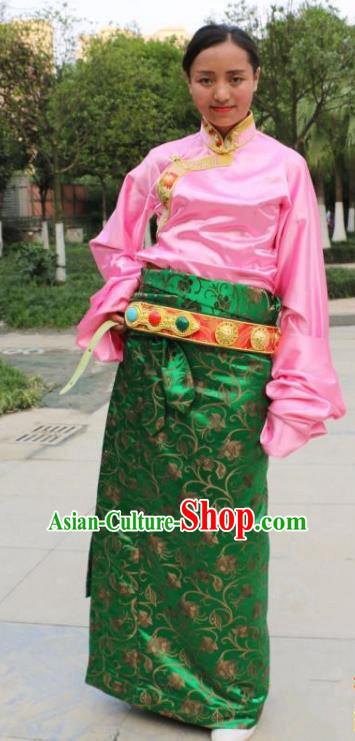 Chinese Traditional Minority Dance Costume Zang Nationality Tibetan Minority Green Skirt for Women