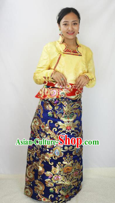 Chinese Traditional Minority Dance Costume Zang Nationality Tibetan Minority Navy Skirt for Women