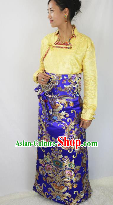 Chinese Traditional Minority Dance Costume Zang Nationality Tibetan Minority Royalblue Skirt for Women