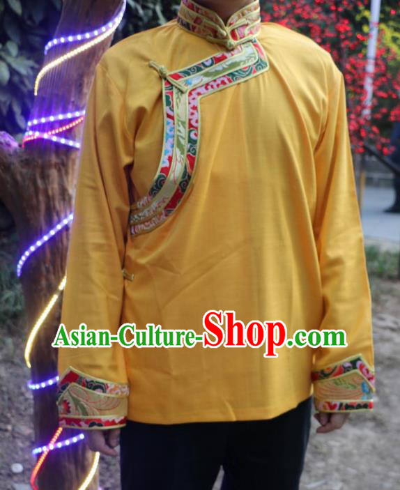 Chinese Traditional Tibetan Minority Dance Costume Zang Nationality Yellow Shirt for Men