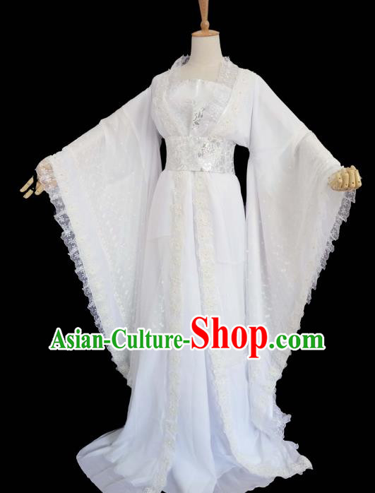 Chinese Ancient Cosplay Fairy Swordswoman White Hanfu Dress Traditional Tang Dynasty Princess Costume for Women