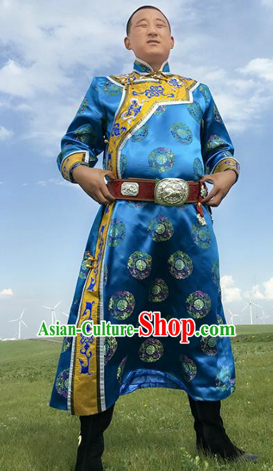 Chinese Mongol Nationality Ethnic Costume Blue Mongolian Robe, Traditional Mongolian Folk Dance Clothing for Men