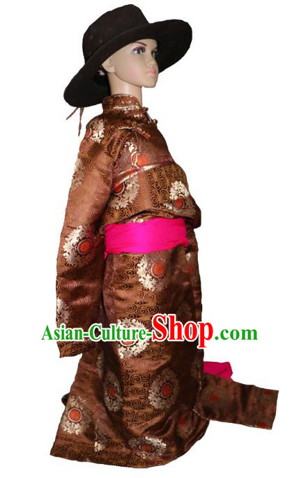 Chinese Traditional Tibetan Minority Dance Costume Zang Nationality Brown Brocade Tibetan Robe for Kids