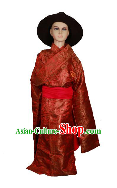 Chinese Traditional Tibetan Minority Dance Costume Zang Nationality Red Brocade Tibetan Robe for Kids