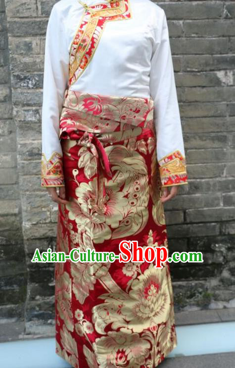 Chinese Traditional Minority Dance Costume Red Tibetan Skirt Zang Nationality Clothing for Women