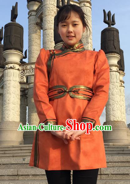 Chinese Traditional Female Ethnic Costume Orange Suede Fabric Mongolian Robe, China Mongolian Minority Folk Dance Clothing for Women