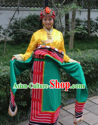 Chinese Traditional Minority Dance Costume Green Tibetan Robe Zang Nationality Clothing for Women
