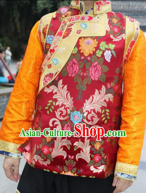 Chinese Traditional Minority Wedding Costume Red Tibetan Vest Zang Nationality Clothing for Women