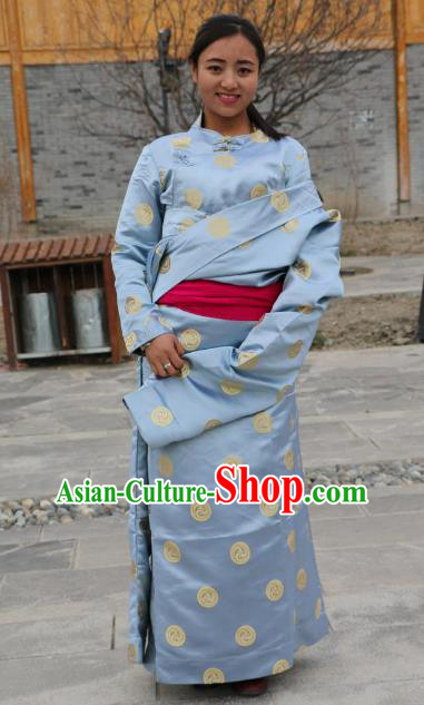 Chinese Traditional Minority Wedding Costume Blue Satin Tibetan Robe Zang Nationality Clothing for Women