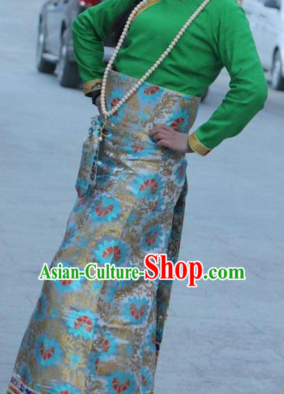 Chinese Traditional Minority Costume Tibetan Blue Brocade Skirt Zang Nationality Clothing for Women
