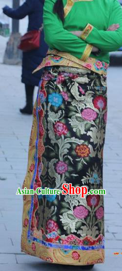 Chinese Traditional Minority Costume Tibetan Black Brocade Skirt Zang Nationality Clothing for Women