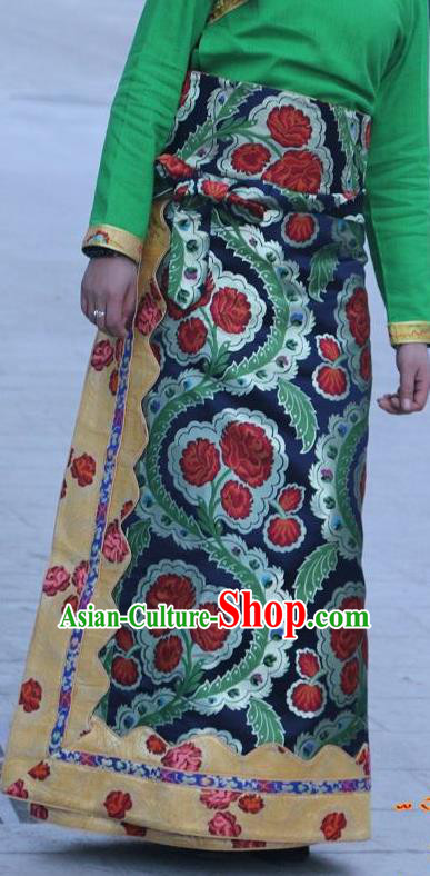 Chinese Traditional Minority Costume Tibetan Navy Brocade Skirt Zang Nationality Clothing for Women