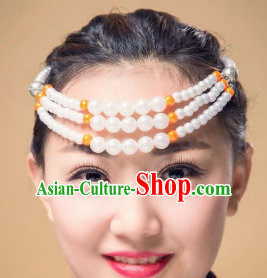Traditional Chinese Folk Dance Hair Accessories, Mongolian Minority White Beads Hair Jewelry Dance Headband for Women