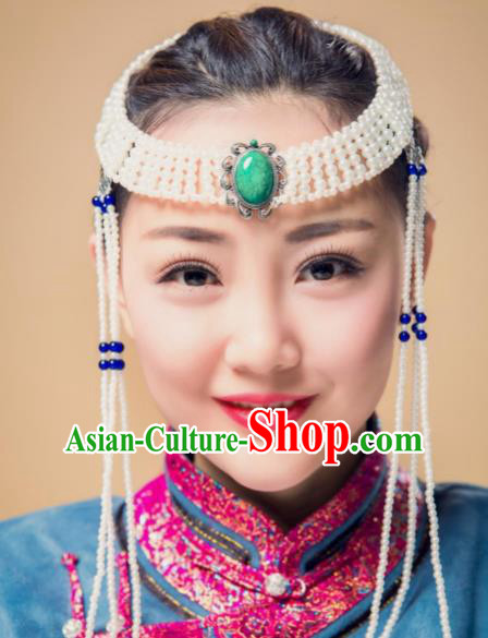 Traditional Chinese Folk Dance Tassel Kallaite Hair Accessories, Mongolian Minority Bride Hair Jewelry Dance Headband for Women