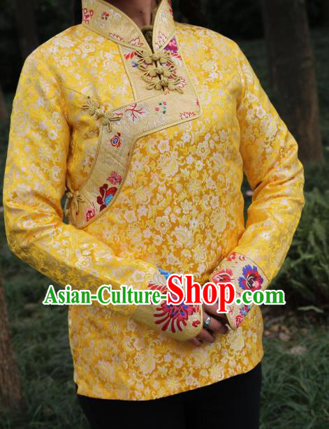 Chinese Traditional Tibetan Minority Costume Yellow Blouse Zang Nationality Clothing for Women
