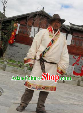 Chinese Traditional Tibetan Minority Wedding Costume Zang Nationality White Brocade Tibetan Robe for Men