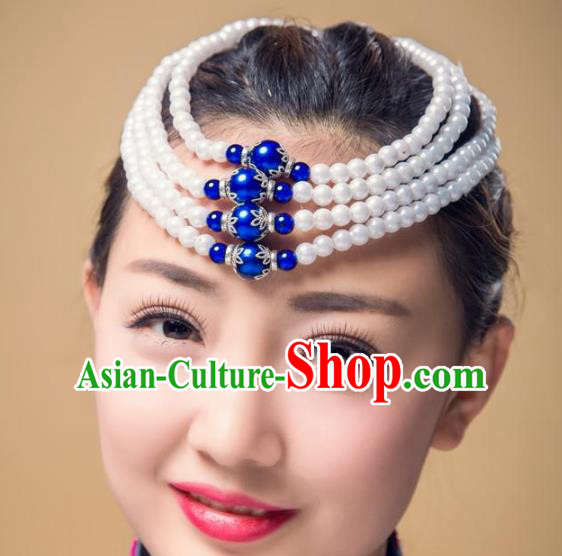 Chinese Traditional Folk Dance Hair Accessories, Mongolian Minority Bride Blue Beads Hair Jewelry Dance Headband for Women